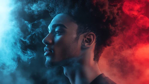 Cool profile portrait glows between vivid blue and red mist