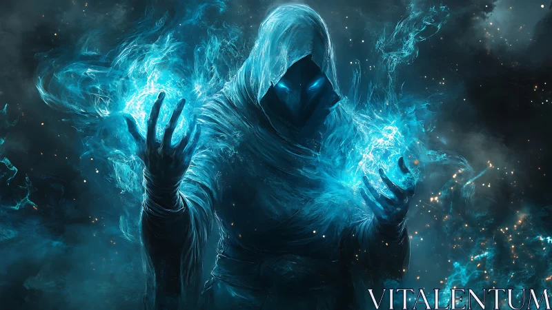 Digital painting of arcane hooded sorcerer with ethereal energy.