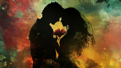 Silhouetted Couple Embracing Among Floral Garden Digital Composition.