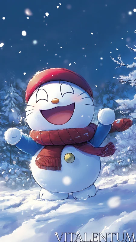 Joyful cartoon snowman celebrates snowfall in winter forest