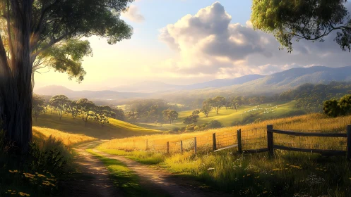 Pastoral valley road under golden evening backlight glow.
