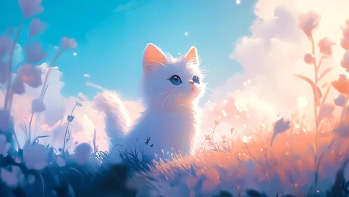Luminescent Kitten in Ethereal Wildflower Field: Digital Painting.
