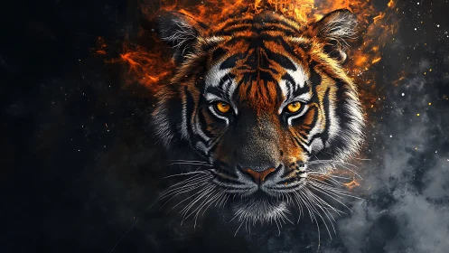 Thermally charged tiger visage within combustive particle field.