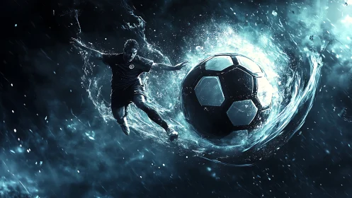 Digital soccer player and ball in blue liquid motion field.