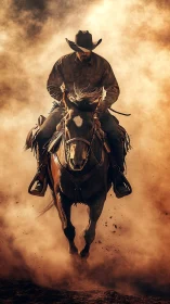 Cowboy riding through golden dust in a bold, timeless moment.