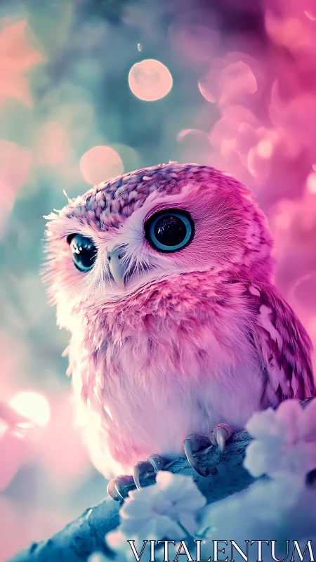 Small owl sits on branch in neon pink and teal lighting