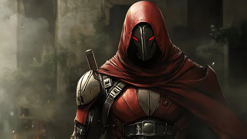 Hooded cyber warrior stands in ruins under swirling smoke