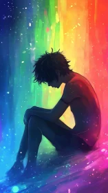 Silhouetted seated figure against vertical rainbow gradient field.