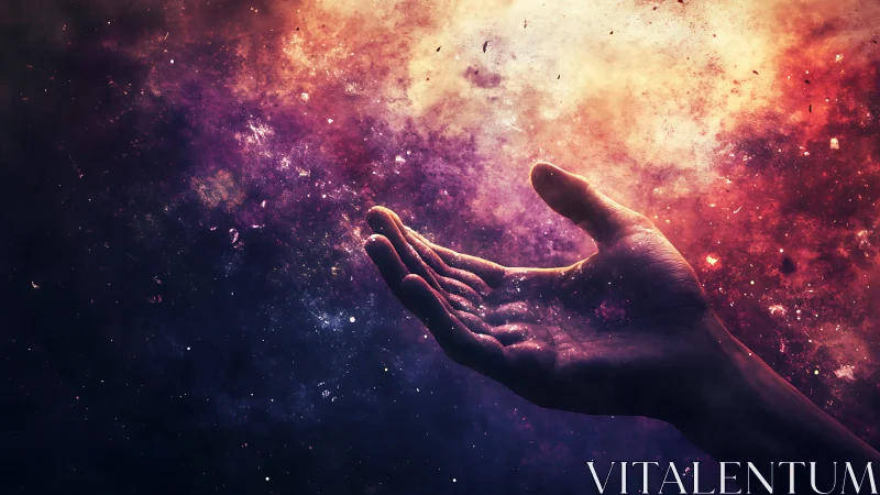 Human hand silhouette intersects multicolored nebula field