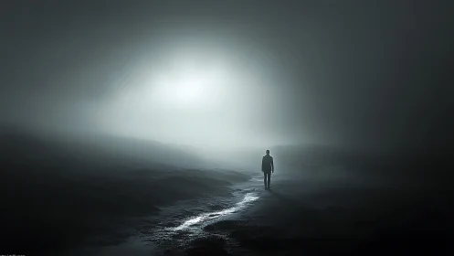 Solitary figure walks toward distant light through fog.