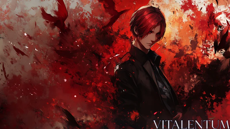 Anime portrait in crimson abstract atmospheric composition.