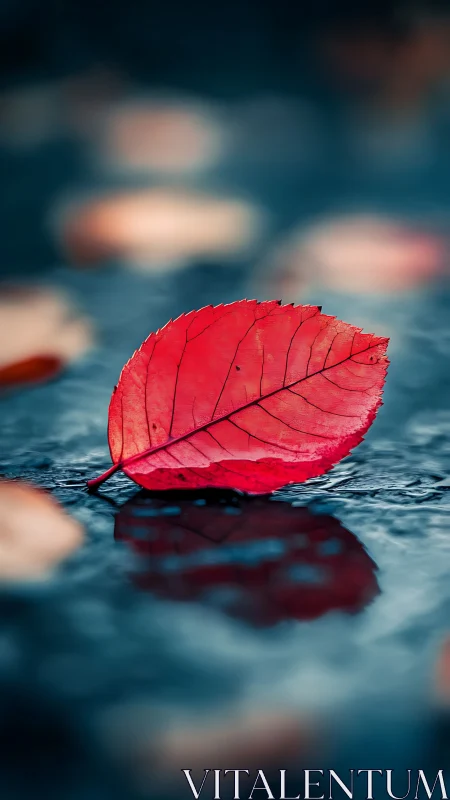 Crimson leaf on wet pavement with reflective bokeh background.