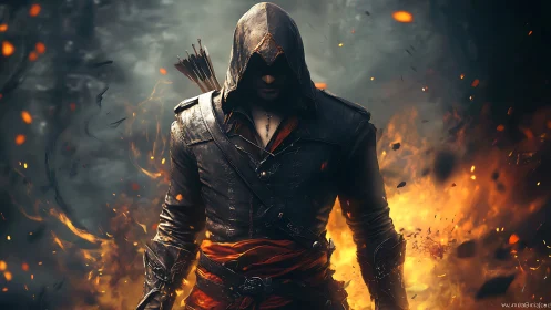 Hooded archer in burning forest with cinematic lighting.