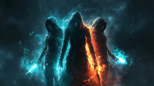 Elemental hooded trio ignite a storm of fire and frost.