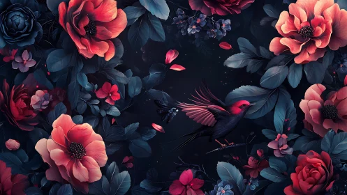 Nocturn Garden: Coral Blooms & Winged Shadows Dance.