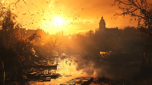 Golden river twilight over a quiet, timeworn town.