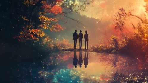Silhouetted figures stand by reflective autumn forest pool