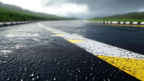 Macro closeup of wet asphalt highway curve with road markings