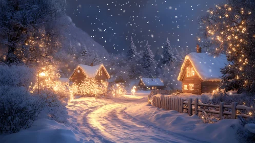Snowy village lane glows with warm festive cottage lights.