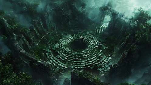 Emerald ruin-circle dreaming in the mistbound jungle.
