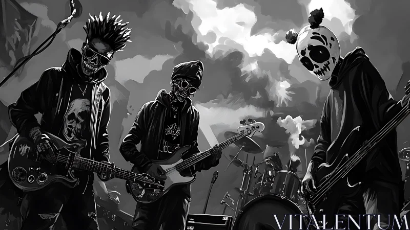 Storm-lit skeleton rock band brings playful spooky energy.