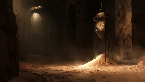 Antique clock tower buried in cinematic desert ruin light.