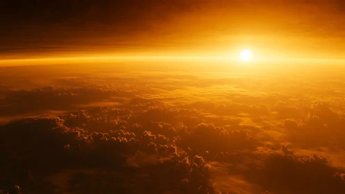 Solar horizon glows above dense cloud ocean at sunrise