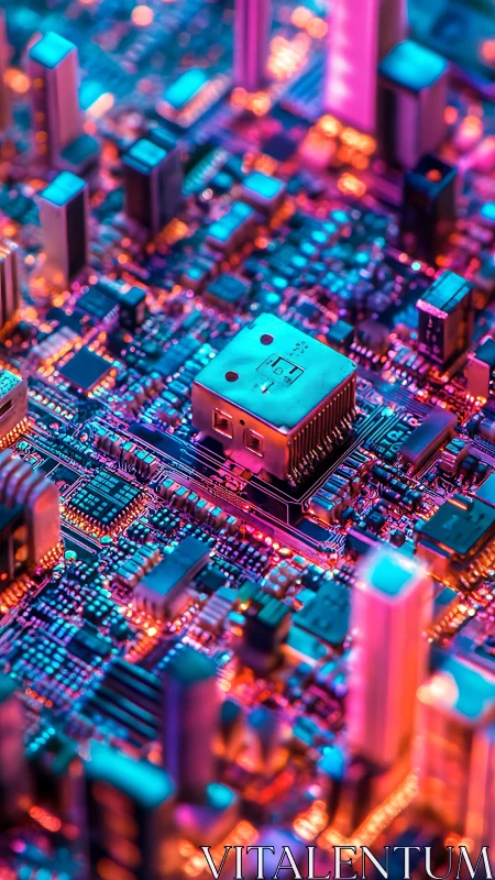 Neon cityscape overclocked across dense circuit board.