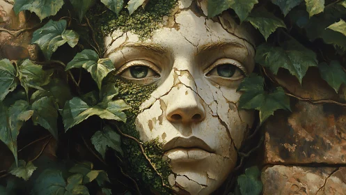 Cracked stone visage entwined with ivy in hyperreal detail.