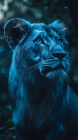 Moonlit lioness with glacier eyes in a twilight hush.