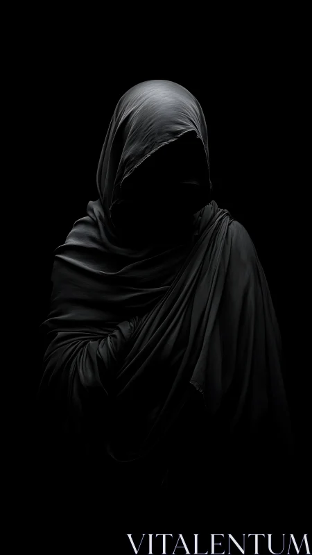 Shrouded hooded figure in deep black minimalist lighting.