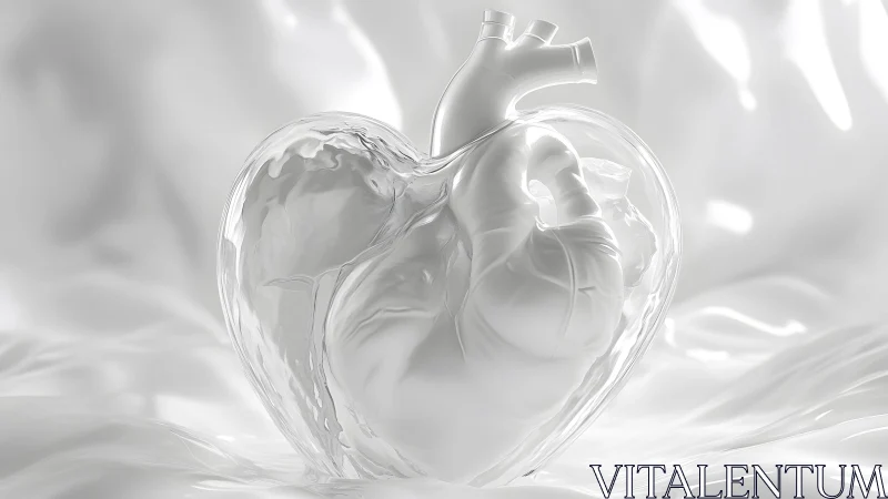 Transparent glass heart with anatomical detail in ethereal white setting.