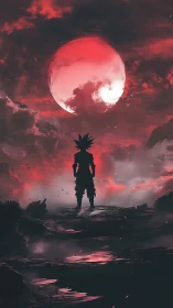 Lone spiky warrior beneath vast crimson eclipse sky.