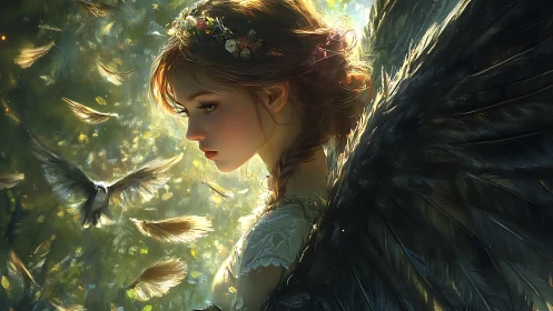 Digital painting of winged girl in luminous forest profile view.