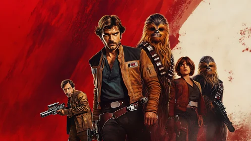 Scruffy space rogues stride through a bloodred galactic storm.