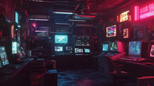 Neon screens whisper secrets in a cluttered cyber den