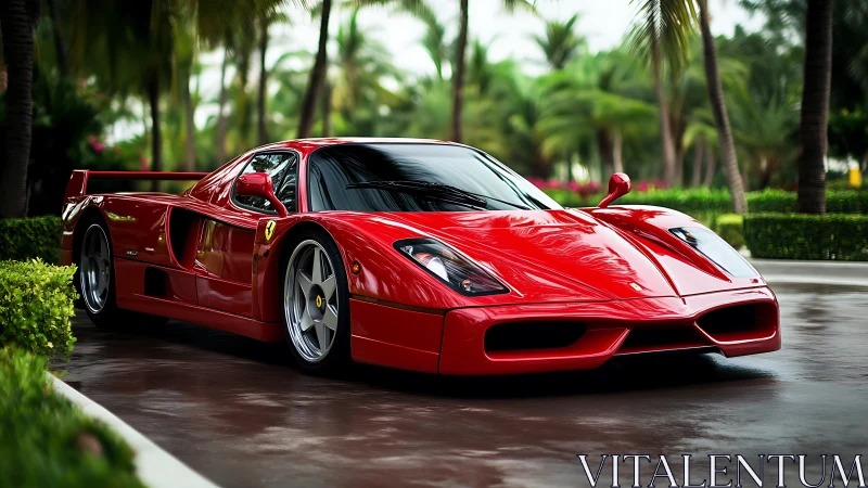 Red mid‑engine sports car on palm‑lined wet driveway.