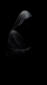 Draped hooded figure isolated in deep chiaroscuro lighting study