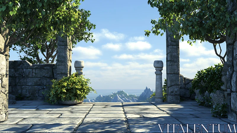 Sunlit stone terrace frames a tranquil coastal vista.