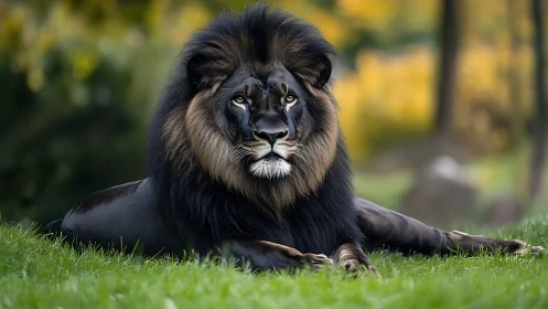Black-maned male lion lies on grass in shallow depth of field