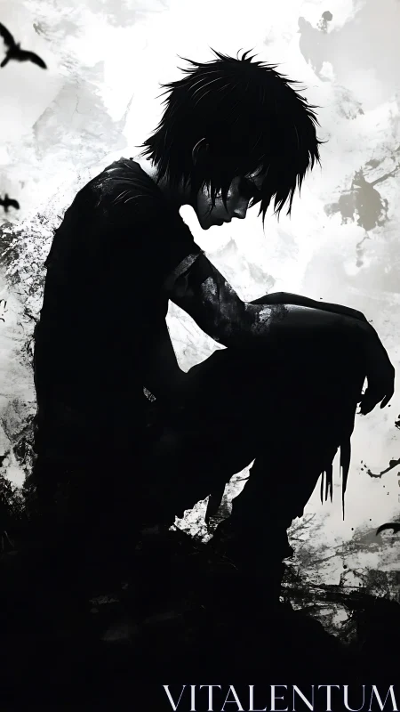 Monochrome ink silhouette of pensive youth in crouched profile.