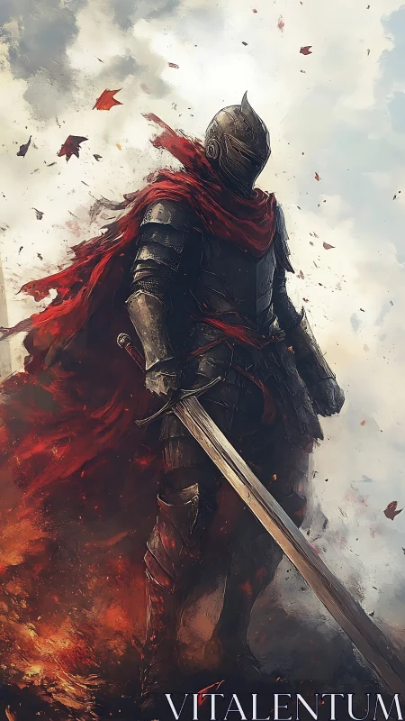 Armored knight with sword amid smoke and burning embers.