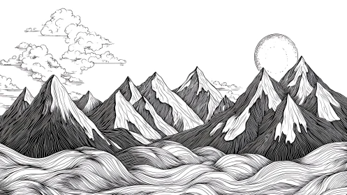 Ink-carved mountain chorus beneath a drifting lunar hush.