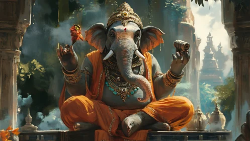 Divine elephant sage in vibrant temple courtyard scene.