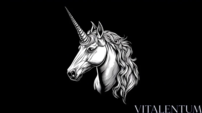 Monochrome unicorn profile with flowing mane on black.