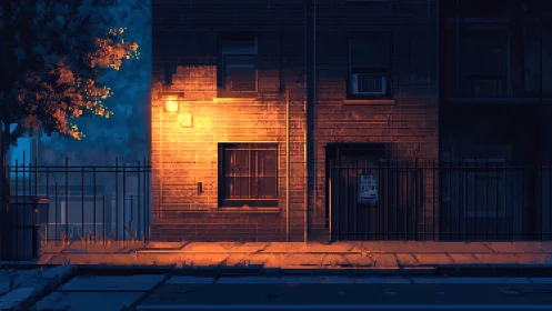 Street facade glows under lone sodium lamp at night.