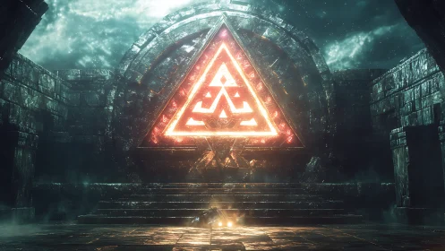 Luminous rune triangle dominates ancient stone gateway