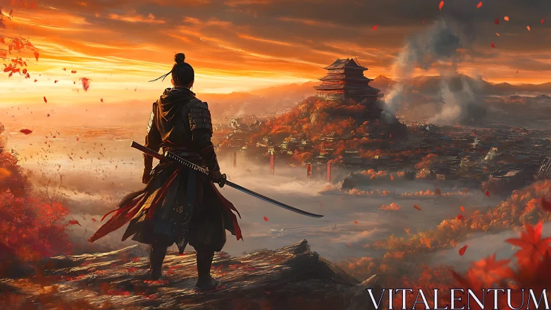 Samurai observes fortified mountain city at vivid sunset sky