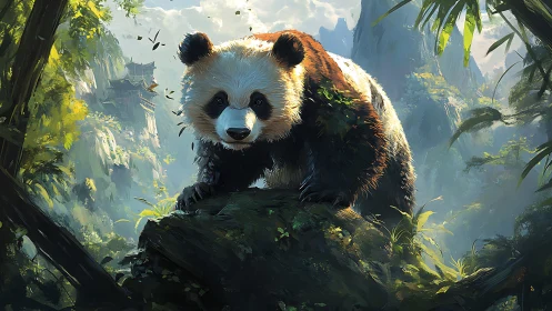 Gentle panda explorer wandering through misty bamboo cliffs.