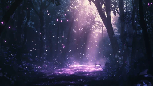 Luminescent forest pathway with ethereal particle effects.